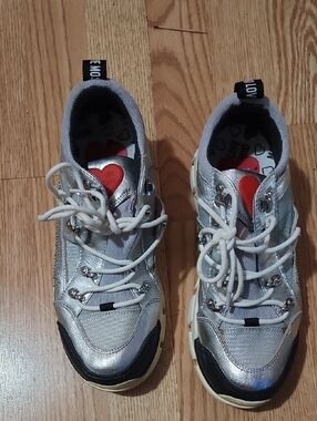 Love Moschino Silver and Black Heart Accent Chunky Sneakers